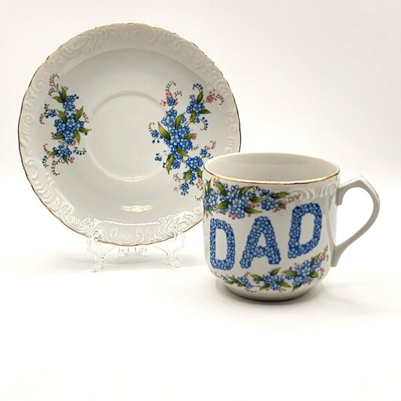 Vintage LEFTON "DAD" Cup and Saucer Blue Forget-Me-Not Flowers Fathers Day 12 oz - Picture 1 of 12